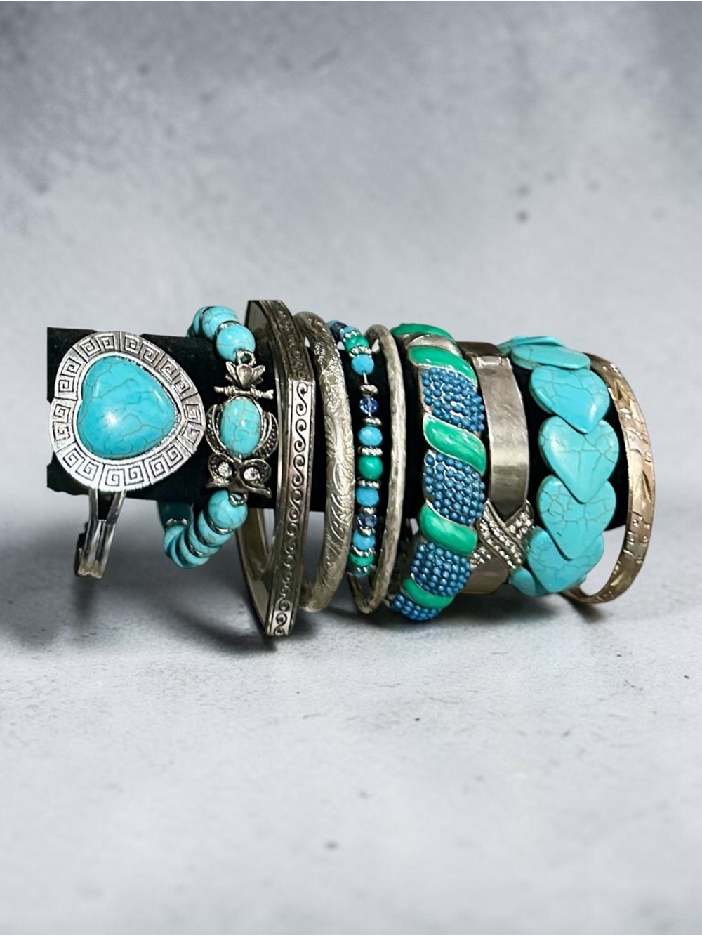 VTG Boho Turquoise Silver Bracelet Stack Lot 10pc Southwestern Festival Cuff Set